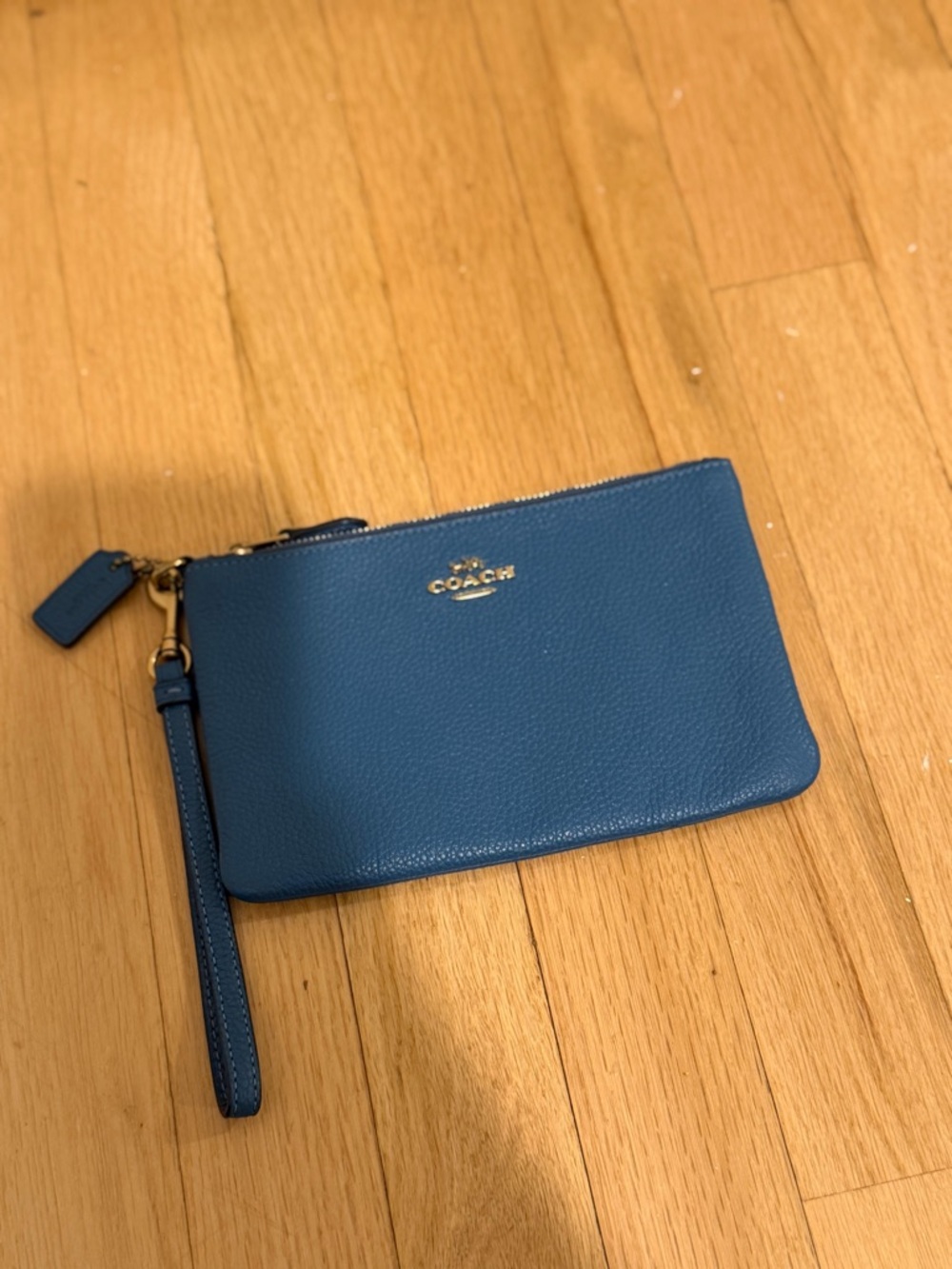 Coach Blue Pebbled Leather Wristlet with Gold Logo